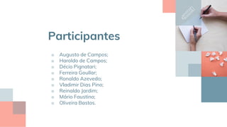 Participantes
■ Augusto de Campos;
■ Haroldo de Campos;
■ Décio Pignatari;
■ Ferreira Goullar;
■ Ronaldo Azevedo;
■ Vladimir Dias Pino;
■ Reinaldo Jardim;
■ Mário Faustino;
■ Oliveira Bastos.
 