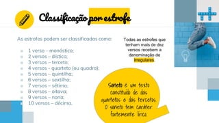 As estrofes podem ser classificadas como:
■ 1 verso – monóstico;
■ 2 versos – dístico;
■ 3 versos – terceto;
■ 4 versos - quarteto (ou quadra);
■ 5 versos – quintilha;
■ 6 versos – sextilha;
■ 7 versos – sétima;
■ 8 versos – oitava;
■ 9 versos – nona;
■ 10 versos – décima.
Classificação por estrofe
Todas as estrofes que
tenham mais de dez
versos recebem a
denominação de
Irregulares.
Soneto é um texto
constituído de dois
quartetos e dois tercetos.
O soneto tem caráter
fortemente lírico.
 