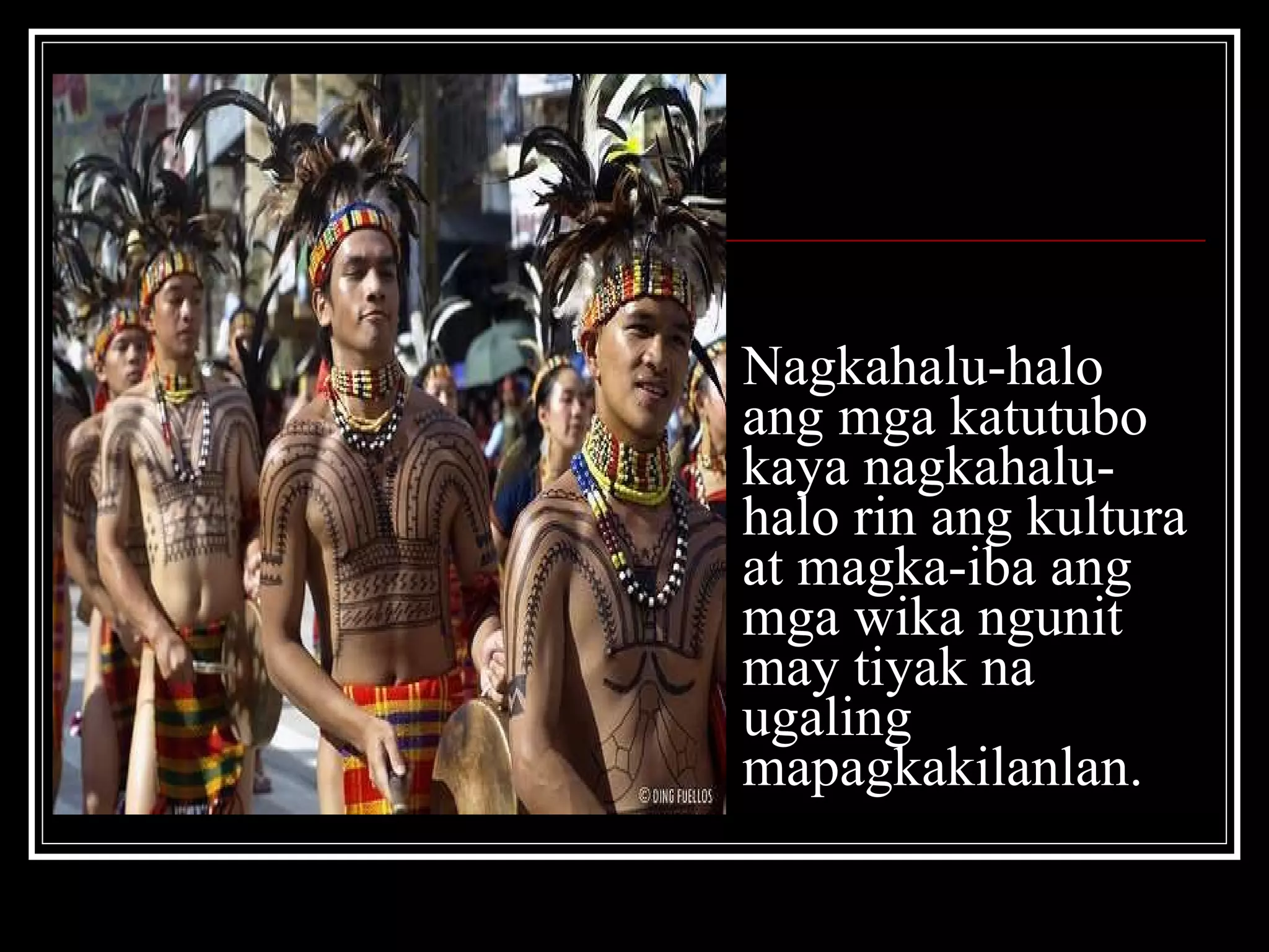 Nagkahalu-halo ang mga katutubo kaya nagkahalu-halo rin ang kultura at magka-iba ang mga wika ngunit may tiyak na ugaling mapagkakilanlan. 