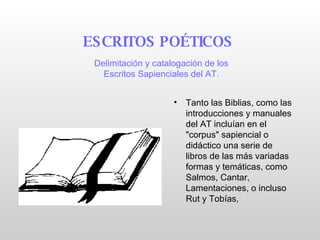 Tanto las Biblias, como las introducciones y manuales del AT incluían en el "corpus" sapiencial o didáctico una serie de libros de las más variadas formas y temáticas, como Salmos, Cantar, Lamentaciones, o incluso Rut y Tobías,  ESCRITOS POÉTICOS   Delimitación y catalogación de los Escritos Sapienciales del AT. 