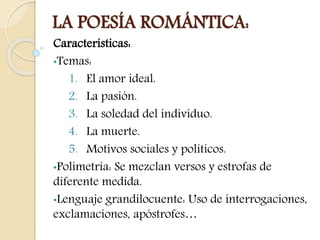 LITERATURA 
ESPAÑOLA 
CONTEMPORÁNEA 
ROMANTICISMO 
(Siglo XIX) 
Poesía 
José de Espronceda 
“Canción del pirata” 
El estudiante de 
Salamanca 
Gustavo Adolfo 
Bécquer 
Rimas 
Rosalía de Castro En las orillas del Sar 
Prosa 
Gustavo Adolfo 
Bécquer 
Leyendas 
Mariano José de Larra Artículos 
Teatro 
Ángel de Saavedra 
Don Álvaro o la fuerza 
del sino 
José Zorrilla Don Juan Tenorio 
 
