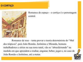 O CORTIÇO	Há oposição entre o casarão do Miranda, onde as pessoas sentam-se à mesa, comem com talheres, o cortiço onde as pessoas bebem, brigam, falam alto e comem com as mãos. Há também a oposição entre a cultura brasileira e a lusitana, que se manifesta nos hábitos de Jerônimo que abominava o parati (cachaça), o café (preferia o chá) e as modinhas alegres (tocava o fado). O desejo por Rita Baiana faz com que se renda, Piedade mantém-se firme.