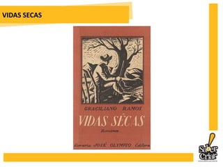 VIDAS SECASRomance desmontável, Vidas Secas tem capítulos independentes e nisso se assemelha a Memórias de um sargento de milícias e Capitães da Areia. 		A militância no PCB aproxima Graciliano Ramos de Jorge Amado e Vinícius de Moraes, por isso as obras assumem caráter de 				intensa crítica social, ao discutirem como o 				capital oprime as massas trabalhadoras e/ou				excluídas que não têm chances de conquistarem 				uma vida melhor. Fabiano é o exemplo claro 				disso. Seu pai e seu avô passaram a vida 				construindo a casa dos outros. Ele também.