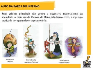 AUTO DA BARCA DO INFERNOSuas críticas principais são contra o excessivo materialismo da sociedade, o mau uso da Palavra de Deus pelo baixo clero, a injustiça praticada por quem deveria promovê-la.Onzeneiro (agiota)Frei Babriel e sua dama FlorençaO Corregedor e o Procurador