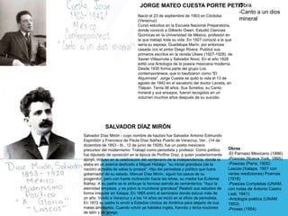 Nació el 23 de septiembre de 1903 en Córdoba
(Veracruz).
Cursó estudios en la Escuela Nacional Preparatoria,
donde conoció a Gilberto Owen. Estudió Ciencias
Químicas en la Universidad de México, profesión en
la que trabajó toda su vida. En 1927 conoció a la que
sería su esposa, Guadalupe Marín, por entonces
casada con el pintor Diego Rivera. Publicó sus
primeros escritos en la revista Ulises (1927-1928), de
Xavier Villaurrutia y Salvador Novo. En el año 1928
editó una Antología de la poesía mexicana moderna.
Desde 1930 forma parte del grupo Los
contemporáneos, que lo bautizaron como "El
Alquimista". Jorge Cuesta se quitó la vida el 13 de
agosto de 1942 en el sanatorio del doctor Lavista, en
Tlalpan. Tenía 38 años. Sus Sonetos, su Canto
mineral y sus ensayos, fueron recogidos en un
volumen muchos años después de su suicidio.
Obra
-Canto a un dios
mineral
JORGE MATEO CUESTA PORTE PETIT
Salvador Díaz Mirón - cuyo nombre de bautizo fue Salvador Antonio Edmundo
Espiridión y Francisco de Paula Díaz Ibáñez Puerto de Veracruz, Ver., (14 de
diciembre de 1853 - Ib., 12 de junio de 1928), fue un poeta mexicano
precursor del modernismo. Trabajó como periodista y profesor. Como político
fue diputado de oposición en la época de Porfirio Díaz, a quien posteriormente
apoyó, incluso en la celebración del centenario de la Independencia, donde lo
alaba en un poema dedicado a Miguel Hidalgo: "su inicial grandeza (de la
nación) acredita de sabia tu proeza". Hijo del periodista y político que fuera
gobernador de su estado, Manuel Díaz Mirón, siguió los pasos de su
progenitor, pero con fuerte inclinación hacia las letras, su madre fue Eufemia
Ibáñez. A su padre se le atribuye la famosa estrofa de cementerios: "Aquí la
eternidad empieza, y es polvo la mundanal grandeza".Realizó sus estudios de
forma irregular en Xalapa. En 1865 entró al seminario donde estuvo más de
un año. Volvió a Veracruz y a los 14 años se inició en el oficio de periodista.
En 1872 su padre lo envió a Estados Unidos de América para alejarlo de sus
malas amistades. Cuando volvió ya hablaba inglés, francés y tenía nociones
de latín y de griego.
SALVADOR DÍAZ MIRÓN
Obras
-El Parnaso Mexicano (1886)
-Poesías (Nueva York, 1895)
-Poesías (París, 1900)
Lascas (Xalapa, 1901 con
varias reediciones) Poemas
(1918)
-Poesías Completas (UNAM,
con notas de Antonio Castro
Leal, 1941)
-Antología poética (UNAM
1953)
-Prosas (1954)
 