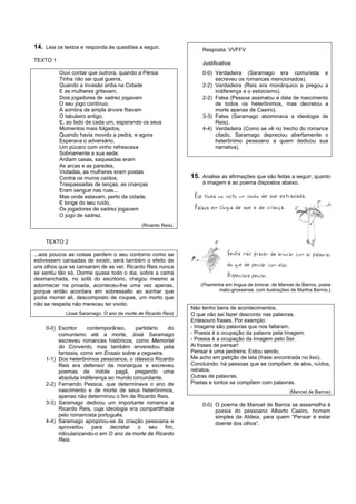 14. Leia os textos e responda às questões a seguir.                Resposta: VVFFV
TEXTO 1
                                                                   Justificativa:
          Ouvi contar que outrora, quando a Pérsia                 0-0) Verdadeira (Saramago era comunista e
          Tinha não sei qual guerra,                                    escreveu os romances mencionados).
          Quando a invasão ardia na Cidade                         2-2) Verdadeira (Reis era monárquico e pregou a
          E as mulheres gritavam,                                       indiferença e o estoicismo).
          Dois jogadores de xadrez jogavam                         2-2) Falsa (Pessoa assinalou a data de nascimento
          O seu jogo contínuo.                                          de todos os heterônimos, mas decretou a
          À sombra de ampla árvore fitavam                              morte apenas de Caeiro).
          O tabuleiro antigo,                                      3-3) Falsa (Saramago abominava a ideologia de
          E, ao lado de cada um, esperando os seus                      Reis).
          Momentos mais folgados,                                  4-4) Verdadeira (Como se vê no trecho do romance
          Quando havia movido a pedra, e agora                          citado, Saramago depreciou abertamente o
          Esperava o adversário.                                        heterônimo pessoano a quem dedicou sua
          Um púcaro com vinho refrescava                                narrativa).
          Sobriamente a sua sede.
          Ardiam casas, saqueadas eram
          As arcas e as paredes,
          Violadas, as mulheres eram postas
          Contra os muros caídos,                              15. Analise as afirmações que são feitas a seguir, quanto
          Traspassadas de lanças, as crianças                      à imagem e ao poema dispostos abaixo.
          Eram sangue nas ruas...
          Mas onde estavam, perto da cidade,
          E longe do seu ruído,
          Os jogadores de xadrez jogavam
          O jogo de xadrez.
                                             (Ricardo Reis).


    TEXTO 2

...aos poucos as coisas perdem o seu contorno como se
estivessem cansadas de existir, será também o efeito de
uns olhos que se cansaram de as ver. Ricardo Reis nunca
se sentiu tão só. Dorme quase todo o dia, sobre a cama
desmanchada, no sofá do escritório, chegou mesmo a
adormecer na privada, aconteceu-lhe uma vez apenas,                (Poeminha em língua de brincar, de Manoel de Barros, poeta
porque então acordara em sobressalto ao sonhar que                        mato-grossense, com ilustrações de Martha Barros.)
podia morrer ali, descomposto de roupas, um morto que
não se respeita não mereceu ter vivido.
                                                               Não tenho bens de acontecimentos.
            (José Saramago. O ano da morte de Ricardo Reis)    O que não sei fazer desconto nas palavras.
                                                               Entesouro frases. Por exemplo:
    0-0) Escritor     contemporâneo,    partidário   do        - Imagens são palavras que nos faltaram.
         comunismo até a morte, José Saramago                  - Poesia é a ocupação da palavra pela Imagem.
         escreveu romances históricos, como Memorial           - Poesia é a ocupação da Imagem pelo Ser.
         do Convento, mas também enveredou pela                Ai frases de pensar!
         fantasia, como em Ensaio sobre a cegueira.            Pensar é uma pedreira. Estou sendo.
    1-1) Dos heterônimos pessoanos, o clássico Ricardo         Me acho em petição de lata (frase encontrada no lixo).
         Reis era defensor da monarquia e escreveu             Concluindo: há pessoas que se compõem de atos, ruídos,
         poemas de índole pagã, pregando uma                   retratos.
         absoluta indiferença ao mundo circundante.            Outras de palavras.
    2-2) Fernando Pessoa, que determinava o ano de             Poetas e tontos se compõem com palavras.
         nascimento e de morte de seus heterônimos,                                                       (Manoel de Barros)
         apenas não determinou o fim de Ricardo Reis.
    3-3) Saramago dedicou um importante romance a                  0-0) O poema de Manoel de Barros se assemelha à
         Ricardo Reis, cuja ideologia era compartilhada                 poesia do pessoano Alberto Caeiro, homem
         pelo romancista português.                                     simples da Aldeia, para quem “Pensar é estar
    4-4) Saramago apropriou-se da criação pessoana e                    doente dos olhos”.
         aproveitou para decretar o seu fim,
         ridicularizando-o em O ano da morte de Ricardo
         Reis.
 