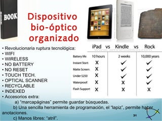 31
Dispositivo
bio-óptico
organizado
• Revolucionaria ruptura tecnológica:
• WIFI
• WIRELESS
• NO BATTERY
• NO RESET
• TOUCH TECH.
• OPTICAL SCANNER
• RECYCLABLE
• INDEXED
• Accesorios extra:
a) “marcapáginas” permite guardar búsquedas.
b) Una sencilla herramienta de programación, el “lapiz”, permite hacer
anotaciones.
c) Manos libres: “atril”.
 