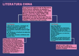 los primeros indicios de la literatura
china fueron tallados en piedra y
caparazones de tortugas. Todo esto
ocurrió durante la dinastía china
Shang, entre los siglos XVIII y XII.
Hasta el momento, este hecho
representó el inicio de lo que hoy se
considera una de las literaturas más
sólidas e históricas del mundo.
La Poesía: La Prosa:
Lao-tsé (c. 570-c. 490 a. C.),
filósofo chino considerado el
fundador del taoísmo. Su existencia
histórica se debate.
Filósofo chino, creador del
confucianismo y una de las figuras
más influyentes de la historia china.
La esencia de sus enseñanzas lleva a
cabo el proceso de condensación en la
buena conducta en la vida, el buen
regimen del Estado (caridad, justicia,
y respeto a la jerarquía), el cuidado
de la tradición, el análisis y la
reflexión. Las máximas virtudes son:
la tolerancia, la bondad, la
indulgencia, el amor al prójimo y el
respeto a los más grandes y
antepasados.
LITERATURA CHINA
-Libro de los Cantos, antología de
baladas populares regionales
-Compuesto en el siglo XI a.C., y
transmitido oralmente hasta el siglo
VI a.C.
-Se atribuye a Confucio la selección
de las baladas
-Contenido: escenas cotidianas del
pueblo chino
•Los cinco clásicos
•Obras filosóficas
•I Ching (Libro de las mutaciones)
•I Shujing (Libro de los documentos)
•Li Ji (Memoria sobre los ritos)
•Chun Quiu (Anales de la primavera)
•Cuatro libros
•La gran enseñanza y La doctrina
del justo medio
•Analectas
•Mencio
•El taoísmo: corriente literaria casi
contemporánea del confucionismo.
Tao Te Ching (Clásico del Camino y
su poder)
 