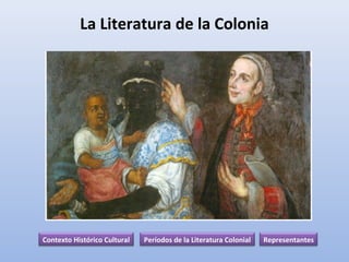 La Literatura de la Colonia
Contexto Histórico Cultural Períodos de la Literatura Colonial Representantes
 
