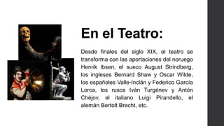 En el Teatro: 
Desde finales del siglo XIX, el teatro se 
transforma con las aportaciones del noruego 
Henrik Ibsen, el sueco August Strindberg, 
los ingleses Bernard Shaw y Oscar Wilde, 
los españoles Valle-Inclán y Federico García 
Lorca, los rusos Iván Turgénev y Antón 
Chéjov, el italiano Luigi Pirandello, el 
alemán Bertolt Brecht, etc. 
 