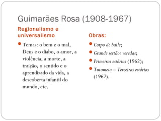 Guimarães Rosa (1908-1967) 
Regionalismo e 
universalismo Obras: 
Temas: o bem e o mal, 
Deus e o diabo, o amor, a 
violência, a morte, a 
traição, o sentido e o 
aprendizado da vida, a 
descoberta infantil do 
mundo, etc. 
Corpo de baile; 
Grande sertão: veredas; 
Primeiras estórias (1962); 
Tutameia – Terceiras estórias 
(1967). 
 