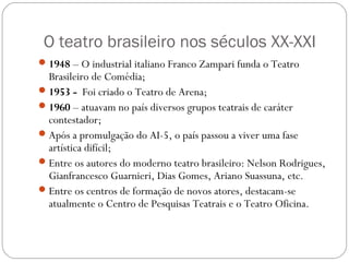 O teatro brasileiro nos séculos XX-XXI 
1948 – O industrial italiano Franco Zampari funda o Teatro 
Brasileiro de Comédia; 
1953 - Foi criado o Teatro de Arena; 
1960 – atuavam no país diversos grupos teatrais de caráter 
contestador; 
Após a promulgação do AI-5, o país passou a viver uma fase 
artística difícil; 
Entre os autores do moderno teatro brasileiro: Nelson Rodrigues, 
Gianfrancesco Guarnieri, Dias Gomes, Ariano Suassuna, etc. 
Entre os centros de formação de novos atores, destacam-se 
atualmente o Centro de Pesquisas Teatrais e o Teatro Oficina. 
 