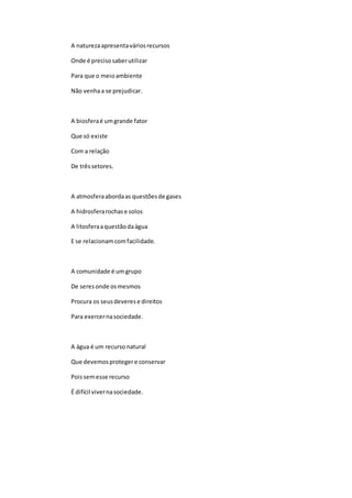 A naturezaapresentaváriosrecursos
Onde é precisosaberutilizar
Para que o meioambiente
Não venhaa se prejudicar.
A biosferaé umgrande fator
Que só existe
Com a relação
De trêssetores.
A atmosferaabordaas questõesde gases
A hidrosferarochase solos
A litosferaaquestãodaágua
E se relacionamcomfacilidade.
A comunidade é umgrupo
De seresonde osmesmos
Procura os seusdeverese direitos
Para exercernasociedade.
A água é um recursonatural
Que devemosprotegere conservar
Poissemesse recurso
É difícil vivernasociedade.
 