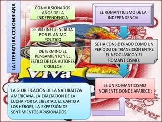 LA LITERATURA COLOMBIANA
                             CONVULSIONADOS
                                AÑOS DE LA           EL ROMANTICISMO DE LA
                              INDEPENDENCIA              INDEPENDENCIA

                           SE VIO INFLUENCIADA
                              POR EL ANIMO
                                 POLITICO
                                                   SE HA CONSIDERADO COMO UN
                               DETERMINO EL        PERÍODO DE TRANSICIÓN ENTRE
                             PENSAMIENTO Y EL           EL NEOCLÁSICO Y EL
                           ESTILO DE LOS AUTORES          ROMANTICISMO.
                                  CRIOLLOS



                                                       ES UN ROMANTICISMO
LA GLORIFICACIÓN DE LA NATURALEZA                   INCIPIENTE DONDE APARECE :
AMERICANA, LA EXALTACIÓN DE LA
LUCHA POR LA LIBERTAD, EL CANTO A
LOS HÉROES, LA EXPRESIÓN DE
SENTIMIENTOS APASIONADOS.
 