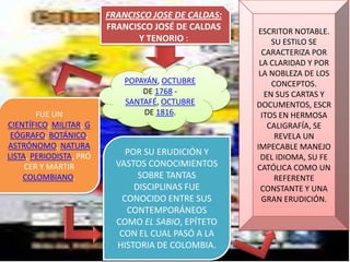 FRANCISCO JOSE DE CALDAS:
                         FRANCISCO JOSÉ DE CALDAS     ESCRITOR NOTABLE.
                                Y TENORIO :               SU ESTILO SE
                                                       CARACTERIZA POR
                                                      LA CLARIDAD Y POR
                                                      LA NOBLEZA DE LOS
                             POPAYÁN, OCTUBRE             CONCEPTOS.
                                 DE 1768 -              EN SUS CARTAS Y
                             SANTAFÉ, OCTUBRE        DOCUMENTOS, ESCR
        FUE UN                   DE 1816.              ITOS EN HERMOSA
CIENTÍFICO, MILITAR, G                                   CALIGRAFÍA, SE
 EÓGRAFO, BOTÁNICO,                                        REVELA UN
ASTRÓNOMO, NATURA                                    IMPECABLE MANEJO
LISTA, PERIODISTA, PRÓ       POR SU ERUDICIÓN Y
                                                      DEL IDIOMA, SU FE
     CER Y MÁRTIR          VASTOS CONOCIMIENTOS      CATÓLICA COMO UN
    COLOMBIANO.                 SOBRE TANTAS               REFERENTE
                               DISCIPLINAS FUE        CONSTANTE Y UNA
                            CONOCIDO ENTRE SUS         GRAN ERUDICIÓN.
                             CONTEMPORÁNEOS
                           COMO EL SABIO, EPÍTETO
                            CON EL CUAL PASÓ A LA
                           HISTORIA DE COLOMBIA.
 