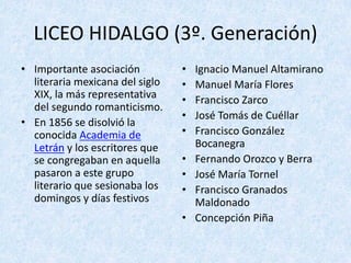 LICEO	HIDALGO	(3º.	Generación)
• Importante	asociación	
literaria	mexicana	del	siglo	
XIX,	la	más	representativa	
del	segundo	romanticismo.
• En	1856	se	disolvió	la	
conocida	Academia	de	
Letrán y	los	escritores	que	
se	congregaban	en	aquella	
pasaron	a	este	grupo	
literario	que	sesionaba	los	
domingos	y	días	festivos
• Ignacio	Manuel	Altamirano
• Manuel	María	Flores
• Francisco	Zarco
• José	Tomás	de	Cuéllar
• Francisco	González	
Bocanegra
• Fernando	Orozco	y	Berra
• José	María	Tornel
• Francisco	Granados	
Maldonado
• Concepción	Piña
 