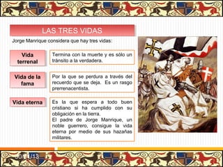 LAS TRES VIDAS
              LAS TRES VIDAS
Jorge Manrique considera que hay tres vidas:

    Vida
     Vida        Termina con la muerte y es sólo un
  terrenal
   terrenal      tránsito a la verdadera.


 Vida de la
 Vida de la      Por la que se perdura a través del
   fama
    fama         recuerdo que se deja. Es un rasgo
                 prerrenacentista.

Vida eterna
Vida eterna      Es la que espera a todo buen
                 cristiano si ha cumplido con su
                 obligación en la tierra.
                 El padre de Jorge Manrique, un
                 noble guerrero, consigue la vida
                 eterna por medio de sus hazañas
                 militares.


 31/01/13
 