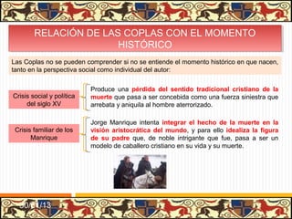 RELACIÓN DE LAS COPLAS CON EL MOMENTO
        RELACIÓN DE LAS COPLAS CON EL MOMENTO
                       HISTÓRICO
                       HISTÓRICO
Las Coplas no se pueden comprender si no se entiende el momento histórico en que nacen,
tanto en la perspectiva social como individual del autor:


                           Produce una pérdida del sentido tradicional cristiano de la
Crisis social y política   muerte que pasa a ser concebida como una fuerza siniestra que
     del siglo XV          arrebata y aniquila al hombre aterrorizado.

                           Jorge Manrique intenta integrar el hecho de la muerte en la
 Crisis familiar de los    visión aristocrática del mundo, y para ello idealiza la figura
       Manrique            de su padre que, de noble intrigante que fue, pasa a ser un
                           modelo de caballero cristiano en su vida y su muerte.




  31/01/13
 