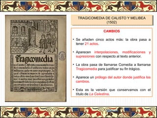 Una noche, sin embargo, la fatalidad
alcanza a los amantes. Elicia y
Areúsa, dos jóvenes prostitutas
protegidas de Celestina y amantes
de Sempronio y Pármeno, planean
vengarse de Calisto y Melibea, a
quienes consideran culpables de su
desgracia. Con tal fin, contratan a un
matón, Centurio, para que mate a
Calisto.



              31/01/13
 