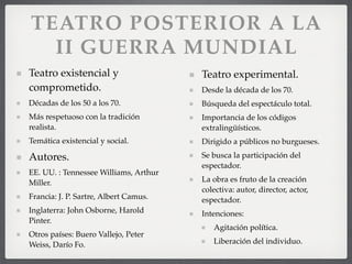 TEATRO POSTERIOR A LA
II GUERRA MUNDIAL
Teatro experimental.
Desde la década de los 70.
Búsqueda del espectáculo total.
Importancia de los códigos
extralingüísticos.
Dirigido a públicos no burgueses.
Se busca la participación del
espectador.
La obra es fruto de la creación
colectiva: autor, director, actor,
espectador.
Intenciones:
Agitación política.
Liberación del individuo.
Teatro existencial y
comprometido.
Décadas de los 50 a los 70.
Más respetuoso con la tradición
realista.
Temática existencial y social.
Autores.
EE. UU. : Tennessee Williams, Arthur
Miller.
Francia: J. P. Sartre, Albert Camus.
Inglaterra: John Osborne, Harold
Pinter.
Otros países: Buero Vallejo, Peter
Weiss, Darío Fo.
 
