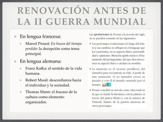 RENOVACIÓN ANTES DE
LA II GUERRA MUNDIAL
En lengua francesa:
Marcel Proust: En busca del tiempo
perdido: la decepción como tema
principal.
En lengua alemana:
Franz Kafka: el sentido de la vida
humana.
Robert Musil: desconﬁanza hacia
el individuo y la sociedad.
Thomas Mann: el fracaso de la
cultura como elemento
organizador.
 