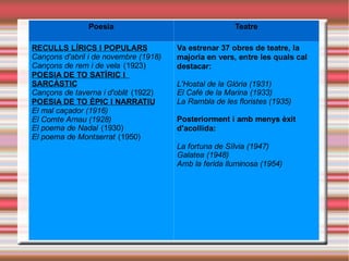 Poesia
RECULLS LÍRICS I POPULARS
Cançons d'abril i de novembre (1918)
Cançons de rem i de vela (1923)
POESIA DE TO SATÍRIC I
SARCÀSTIC
Cançons de taverna i d'oblit (1922)
POESIA DE TO ÈPIC I NARRATIU
El mal caçador (1916)
El Comte Arnau (1928)
El poema de Nadal (1930)
El poema de Montserrat (1950)

Teatre
Va estrenar 37 obres de teatre, la
majoria en vers, entre les quals cal
destacar:
L'Hostal de la Glòria (1931)
El Cafè de la Marina (1933)
La Rambla de les floristes (1935)
Posteriorment i amb menys èxit
d'acollida:
La fortuna de Sílvia (1947)
Galatea (1948)
Amb la ferida lluminosa (1954)

 