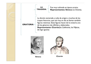 LA            Fue muy cultivada en época arcaica.
            TRAGEDIA         Representantes: Séneca (La Octavia),



             La dicción esmerada y culta da origen a muchos de los
             tropos literarios, que aún hoy en día se llaman también
             figuras retóricas. Estas figuras hacen de la oratoria uno
ORATORIA     de los géneros más difíciles y elaborados.
             Representante: Cicerón(las Catilinarias, las Filípicas,
             De lege agraria)




           Séneca                    Cicerón
 