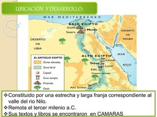 Constituido por una estrecha y larga franja correspondiente al
valle del rio Nilo.
Remota el tercer milenio a.C.
Sus textos y libros se encontraron en CAMARAS
UBICACIÓN Y DESARROLLO:
 