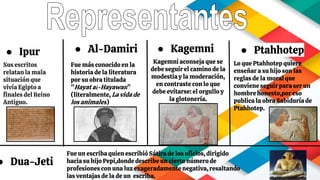 ● Ipur ● Al-Damiri ● Kagemni ● Ptahhotep
Sus escritos
relatan la mala
situación que
vivía Egipto a
finales del Reino
Antiguo.
Lo que Ptahhotep quiere
enseñar a su hijo son las
reglas de la moral que
conviene seguir para ser un
hombre honesto,por eso
publica la obra Sabiduría de
Ptahhotep.
Kagemni aconseja que se
debe seguir el camino de la
modestia y la moderación,
en contraste con lo que
debe evitarse: el orgullo y
la glotonería.
Fue más conocido en la
historia de la literatura
por su obra titulada
"Hayat al-Hayawan"
(literalmente, La vida de
los animales)
● Dua-Jeti
Fue un escriba quien escribió Sátira de los oficios, dirigido
hacia su hijo Pepi,donde describe un cierto número de
profesiones con una luz exageradamente negativa, resaltando
las ventajas de la de un escriba.
 
