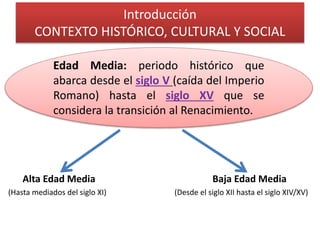 Introducción
CONTEXTO HISTÓRICO, CULTURAL Y SOCIAL
Alta Edad Media Baja Edad Media
(Hasta mediados del siglo XI) (Desde el siglo XII hasta el siglo XIV/XV)
Edad Media: periodo histórico que
abarca desde el siglo V (caída del Imperio
Romano) hasta el siglo XV que se
considera la transición al Renacimiento.
 