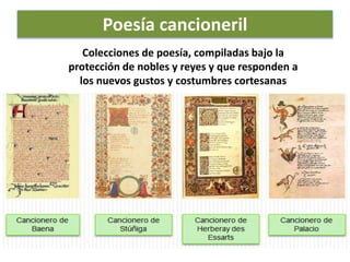 Poesía cancioneril
Colecciones de poesía, compiladas bajo la
protección de nobles y reyes y que responden a
los nuevos gustos y costumbres cortesanas
 