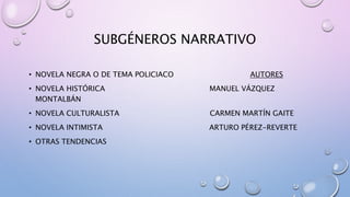 SUBGÉNEROS NARRATIVO
• NOVELA NEGRA O DE TEMA POLICIACO AUTORES
• NOVELA HISTÓRICA MANUEL VÁZQUEZ
MONTALBÁN
• NOVELA CULTURALISTA CARMEN MARTÍN GAITE
• NOVELA INTIMISTA ARTURO PÉREZ-REVERTE
• OTRAS TENDENCIAS
 