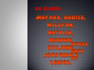 Os Alunos Mayara, Harize, Willyan, Natalia, Maikon, Edilaine, Jonathan e Lenita.  Apresentam: 