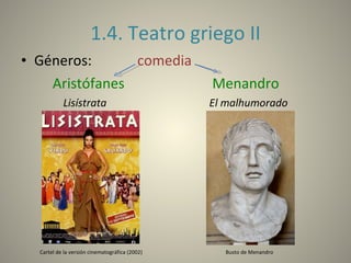 1.4. Teatro griego II Géneros:  comedia Aristófanes   Menandro Lisístrata  El malhumorado Cartel de la versión cinematográfica (2002)  Busto de Menandro  