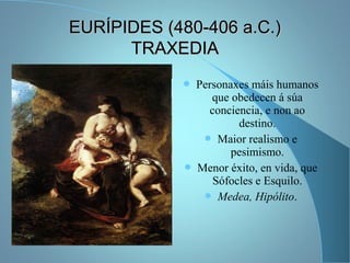 EURÍPIDES (480-406 a.C.)EURÍPIDES (480-406 a.C.)
TRAXEDIATRAXEDIA
 Personaxes máis humanos
que obedecen á súa
conciencia, e non ao
destino.
 Maior realismo e
pesimismo.
 Menor éxito, en vida, que
Sófocles e Esquilo.
 Medea, Hipólito.
 