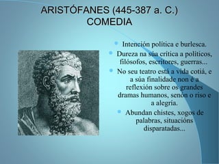 ARISTÓFANES (445-387 a. C.)ARISTÓFANES (445-387 a. C.)
COMEDIACOMEDIA
 Intención política e burlesca.
 Dureza na súa crítica a políticos,
filósofos, escritores, guerras...
 No seu teatro está a vida cotiá, e
a súa finalidade non é a
reflexión sobre os grandes
dramas humanos, senón o riso e
a alegría.
 Abundan chistes, xogos de
palabras, situacións
disparatadas...
 