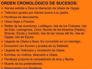 ORDEN CRONOLÓGICO DE SUCESOS:
   Atenea solicita a Zeus la liberación de Ulises de Ogigia.
   Telémaco guiado por Atenea busca a su padre.
   Penélope es descubierta.
   Ulises llega a Feacios.
   Relato de las aventuras: Lotófagos, Isla de los Cíclopes, Isla
    de Eolo, Lestrigones, Circe, Mundo de los Muertos (Hades),
    Sirenas, Escila y Caribdis, Isla de las Vacas del So, Isla de
    Ogigia, Isla de Egusa.
   Llegada de Ulises a Ítaca. Es convertido en un mendigo.
   Encuentro con Eumeo y prueba de su fidelidad.
   Llegada de Telémaco y revelación de Ulises.
   Euriclea, su nodriza, descubre a Ulises.
   Penélope propone la competencia de arco y flecha.
   Muerte de los pretendientes.
 