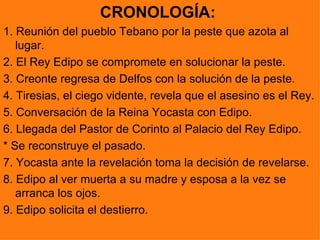 CRONOLOGÍA:
1. Reunión del pueblo Tebano por la peste que azota al
   lugar.
2. El Rey Edipo se compromete en solucionar la peste.
3. Creonte regresa de Delfos con la solución de la peste.
4. Tiresias, el ciego vidente, revela que el asesino es el Rey.
5. Conversación de la Reina Yocasta con Edipo.
6. Llegada del Pastor de Corinto al Palacio del Rey Edipo.
* Se reconstruye el pasado.
7. Yocasta ante la revelación toma la decisión de revelarse.
8. Edipo al ver muerta a su madre y esposa a la vez se
   arranca los ojos.
9. Edipo solicita el destierro.
 
