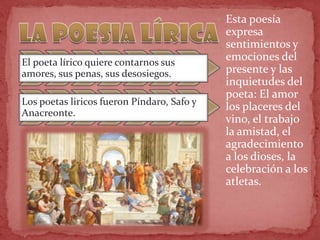  Esta poesía
expresa
sentimientos y
emociones del
presente y las
inquietudes del
poeta: El amor
los placeres del
vino, el trabajo
la amistad, el
agradecimiento
a los dioses, la
celebración a los
atletas.
El poeta lírico quiere contarnos sus
amores, sus penas, sus desosiegos.
Los poetas liricos fueron Píndaro, Safo y
Anacreonte.
 