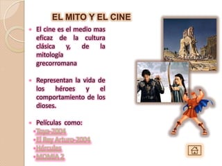 EL MITO Y EL CINE
•   El cine es el medio mas
    eficaz de la cultura
    clásica    y,   de   la
    mitología
    grecorromana

•   Representan la vida de
    los   héroes    y    el
    comportamiento de los
    dioses.

•     Películas como:
    • Toya-2004
    • El Rey Arturo-2004
    • Hércules
    • MOMIA 2
 