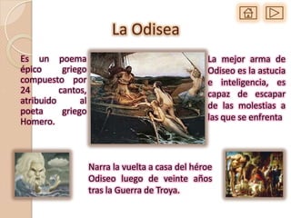 La Odisea
Es un poema                                        La mejor arma de
épico      griego                                  Odiseo es la astucia
compuesto por                                      e inteligencia, es
24        cantos,                                  capaz de escapar
atribuido       al
                                                   de las molestias a
poeta      griego
Homero.                                            las que se enfrenta




                     Narra la vuelta a casa del héroe
                     Odiseo luego de veinte años
                     tras la Guerra de Troya.
 