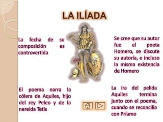 LA ILÍADA

La fecha de      su             Se cree que su autor
composición      es             fue     el      poeta
controvertida                   Homero, se discute
                                su autoría, e incluso
                                la misma existencia
                                de Homero


El poema narra la              La ira del pelida
cólera de Aquiles, hijo        Aquiles      termina
del rey Peleo y de la          junto con el poema,
nereida Tetis                  cuando se reconcilia
                               con Príamo
 