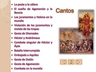    La peste y la cólera
   El sueño de Agamenón y la
    Beocia                          Cantos
   Los juramentos y Helena en la
    muralla
   Violación de los juramentos y
    revista de las tropas
   Gesta de Diomedes
   Héctor y Andrómaca
   Combate singular de Héctor y
    Áyax
   Batalla interrumpida
   Embajada a Aquiles
   Gesta de Dolón
   Gesta de Agamenón
   Combate en la muralla
 