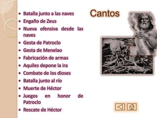  Batalla junto a las naves   Cantos
 Engaño de Zeus
 Nueva ofensiva desde las
  naves
 Gesta de Patroclo
 Gesta de Menelao
 Fabricación de armas
 Aquiles depone la ira
 Combate de los dioses
 Batalla junto al río
 Muerte de Héctor
 Juegos     en honor de
  Patroclo
 Rescate de Héctor
 