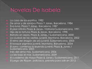 














La casa de los espíritus, 1982
De amor y de sombra Plaza Y Janes, Barcelona, 1984
Eva luna, Plaza Y Janes, Barcelona, 1987
El plan infinito Plaza & Janes / Editorial Sudamericana, 1991
Hija de la fortuna Plaza & Janes, Barcelona, 1998
Retrato en sepia, Plaza & Janes / Sudamericana, 2000
La ciudad de las vestías, juvenil, Montana, Barcelona, 2002
El reino del dragón de oro juvenil, Sudamericana, 2003
El bosque pigmeos juvenil, Montana, Barcelona, 2004
El zorro: comienza la leyenda juvenil, Plaza & Janes /
Sudamericana, 2005
Inés del alma mía, Sudamericana, 2006
La isla bajo el mar, Sudamericana, 2009
El cuaderno de maya Plaza & Janes / Sudamericana, 2011
El juego de Ripper, policiaca, prevista para salir en 2013

 