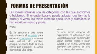 FORMAS DE PRESENTACIÓN
Las formas literarias son las categorías con las que escribimos
o hablamos. El lenguaje literario puede adoptar dos formas la
prosa y el verso, los textos literarios épico, lirico y dramático se
han escrito en verso y prosa.
Prosa
Es la estructura que toma
naturalmente el lenguaje para
expresar conceptos y la forma
más natural de escribir;
porque se ocupa toda la línea
como por ejemplo: Cuando
escribimos una carta.
Verso
Es una forma especial de
expresarse, es la forma en que
las palabras están combinadas
según ciertas reglas y están
sujetas a un ritmo. Como por
ejemplo :un poema es una
forma de escribir en verso.
 