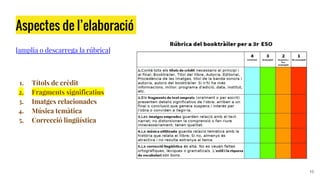 Aspectes de l’elaboració.
[amplia o descarrega la rúbrica]
1. Títols de crèdit
2. Fragments significatius
3. Imatges relacionades
4. Música temàtica
5. Correcció lingüística
13
 