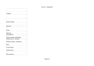 CICLO II - PESQUISA
Página 79
Trabalho
Ordem mundial
Mercosul
Índios
Mercosul
Nacionalismo
Ordem mundial e atualidades
Semana de 22 – literatura
Política no Brasil – História da
Água
O ser humano
Sistema Solar
Meio ambiente
 