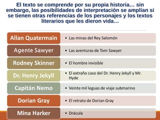 El texto se comprende por su propia historia… sin
embargo, las posibilidades de interpretación se amplían si
se tienen otras referencias de los personajes y los textos
literarios que les dieron vida…
 