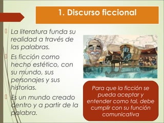 1. Discurso ficcional
 La literatura funda su
realidad a través de
las palabras.
 Es ficción como
hecho estético, con
su mundo, sus
personajes y sus
historias.
 Es un mundo creado
dentro y a partir de la
palabra.
Para que la ficción se
pueda aceptar y
entender como tal, debe
cumplir con su función
comunicativa
 